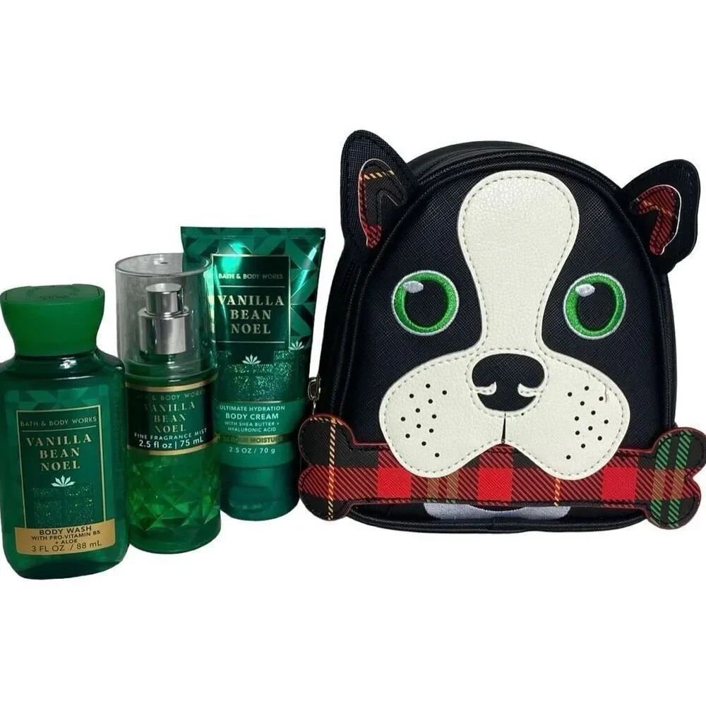 Bath and Body Works DOG COSMETIC BAG and VANILLA BEAN NOEL Travel 4 Piece Set